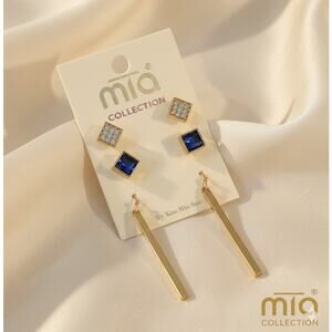 Mia Collection Gold Tone Square Blue White Stone Studs & Dangle Earrings 3pc Set